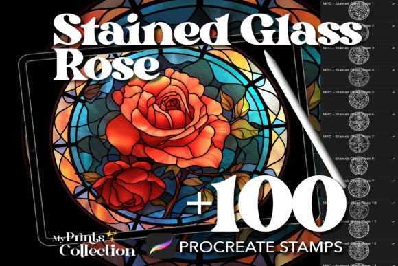 100 Procreate Stained Glass Rose Stamps