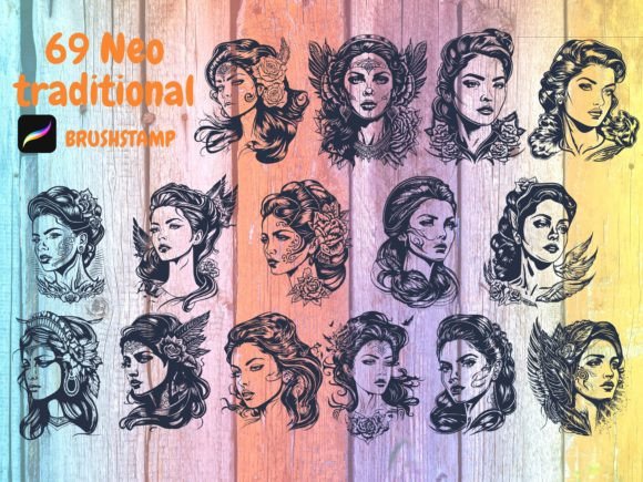 69 Neo Traditional Tattoo Brushstamp for Creative Design